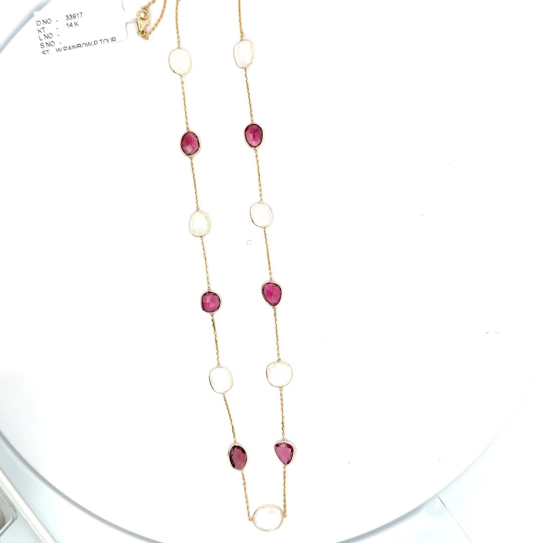 White Rainbow-Pink Tourmaline Necklace in 14k Yellow Gold