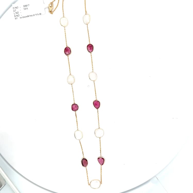 White Rainbow-Pink Tourmaline Necklace in 14k Yellow Gold