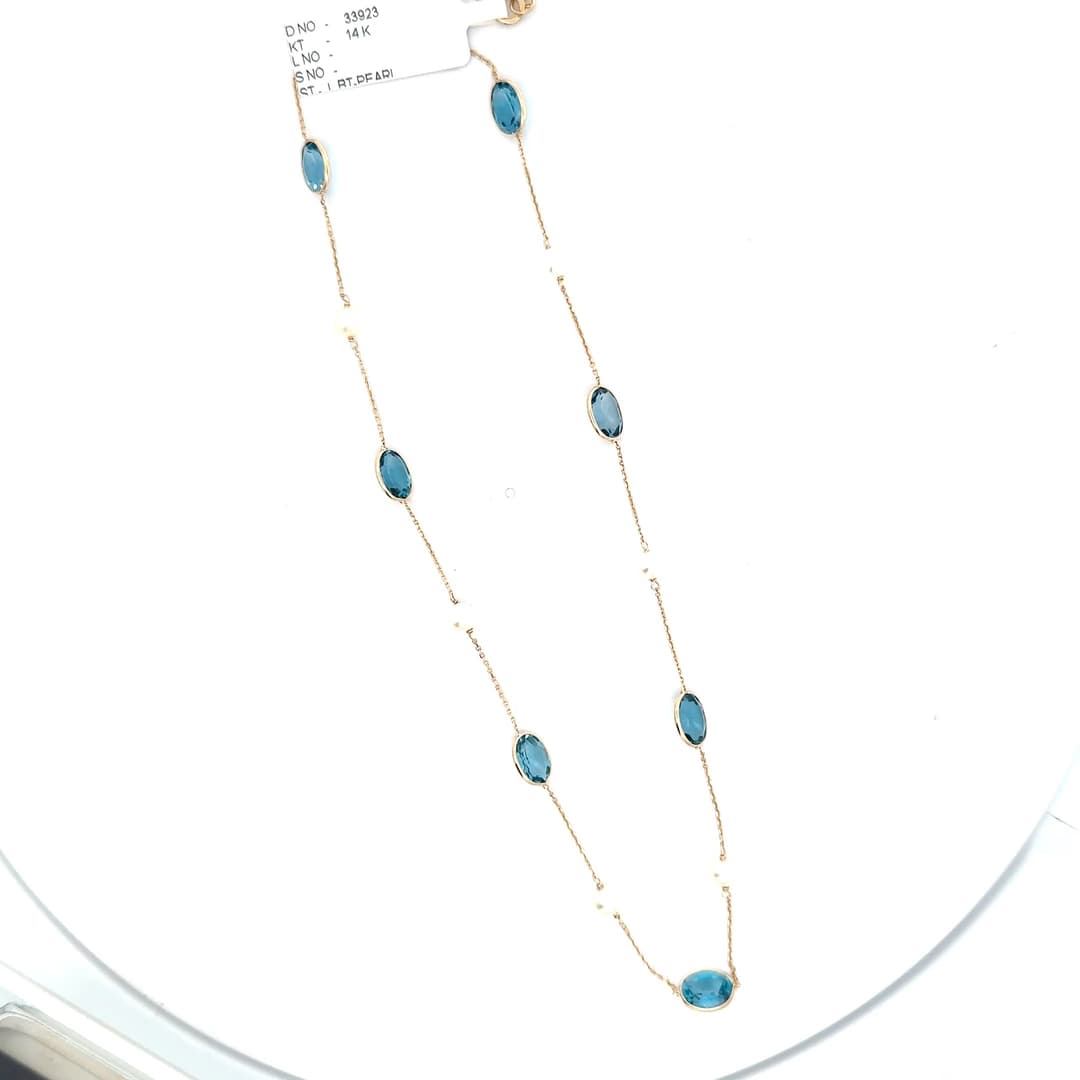 London Blue Topaz-Pearl Necklace in 14k Yellow Gold