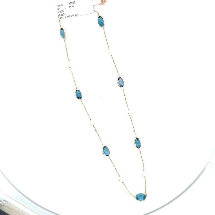 London Blue Topaz-Pearl Necklace in 14k Yellow Gold