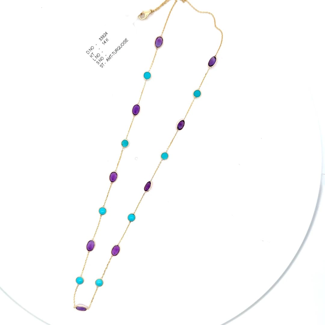 Amethyst-Turquoise Necklace in 14k Yellow Gold