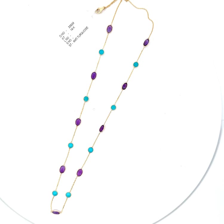 Amethyst-Turquoise Necklace in 14k Yellow Gold