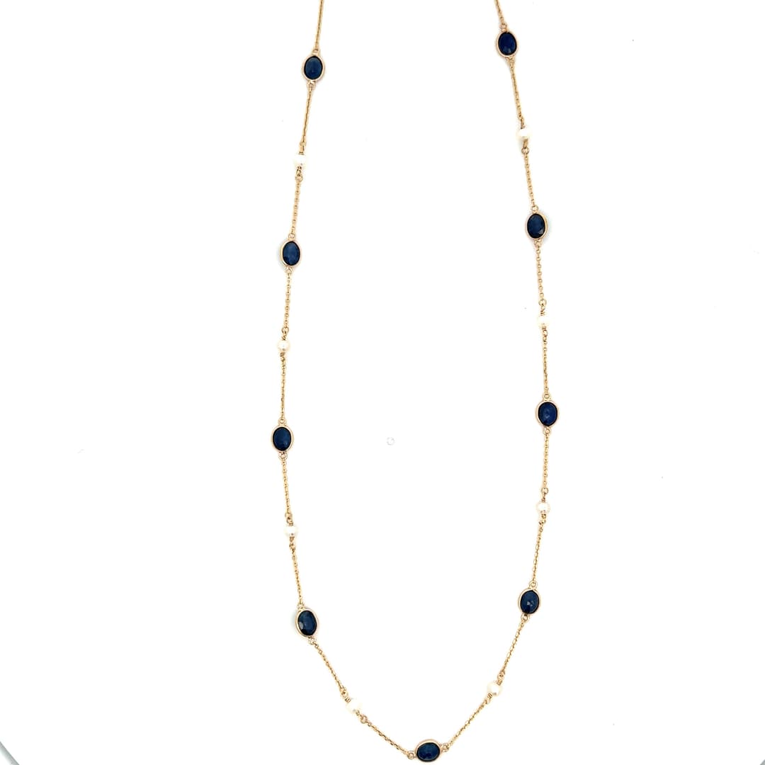 Blue Sapphire-Pearl Necklace in 14k Yellow Gold