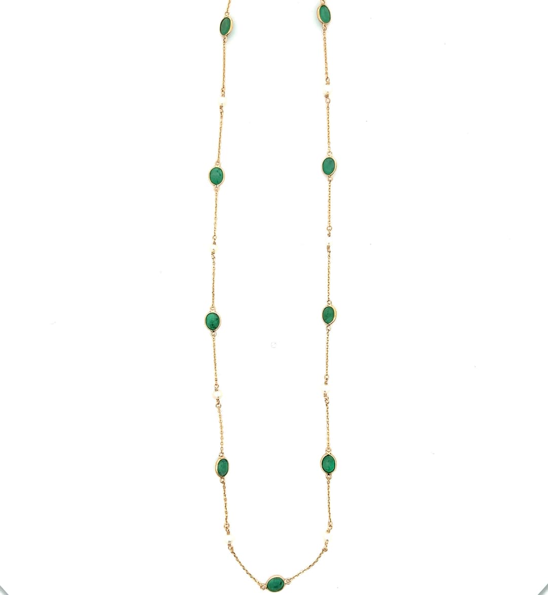 Emerald-Pearl Necklace in 14k Yellow Gold