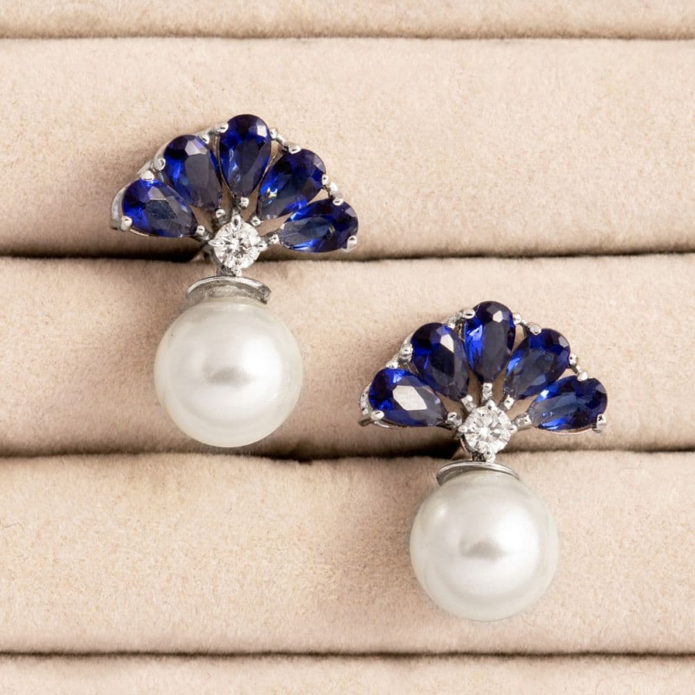 Blue Sapphire Diamond & Pearl Earrings