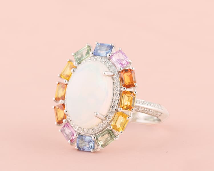 Multi Sapphire Opal Ring in 18k Yellow Gold