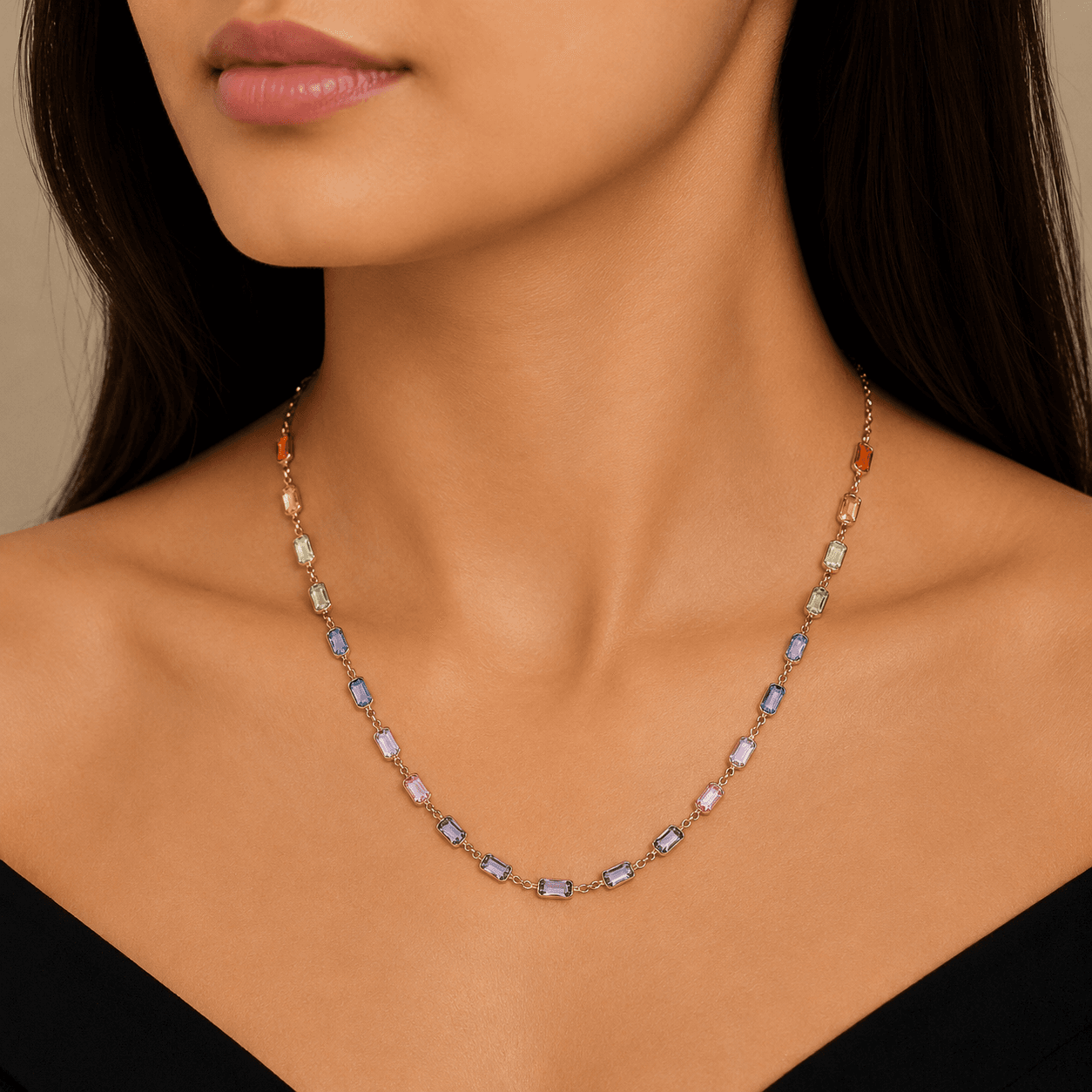 Rainbow Multi Sapphire Necklace in 14k Yellow Gold