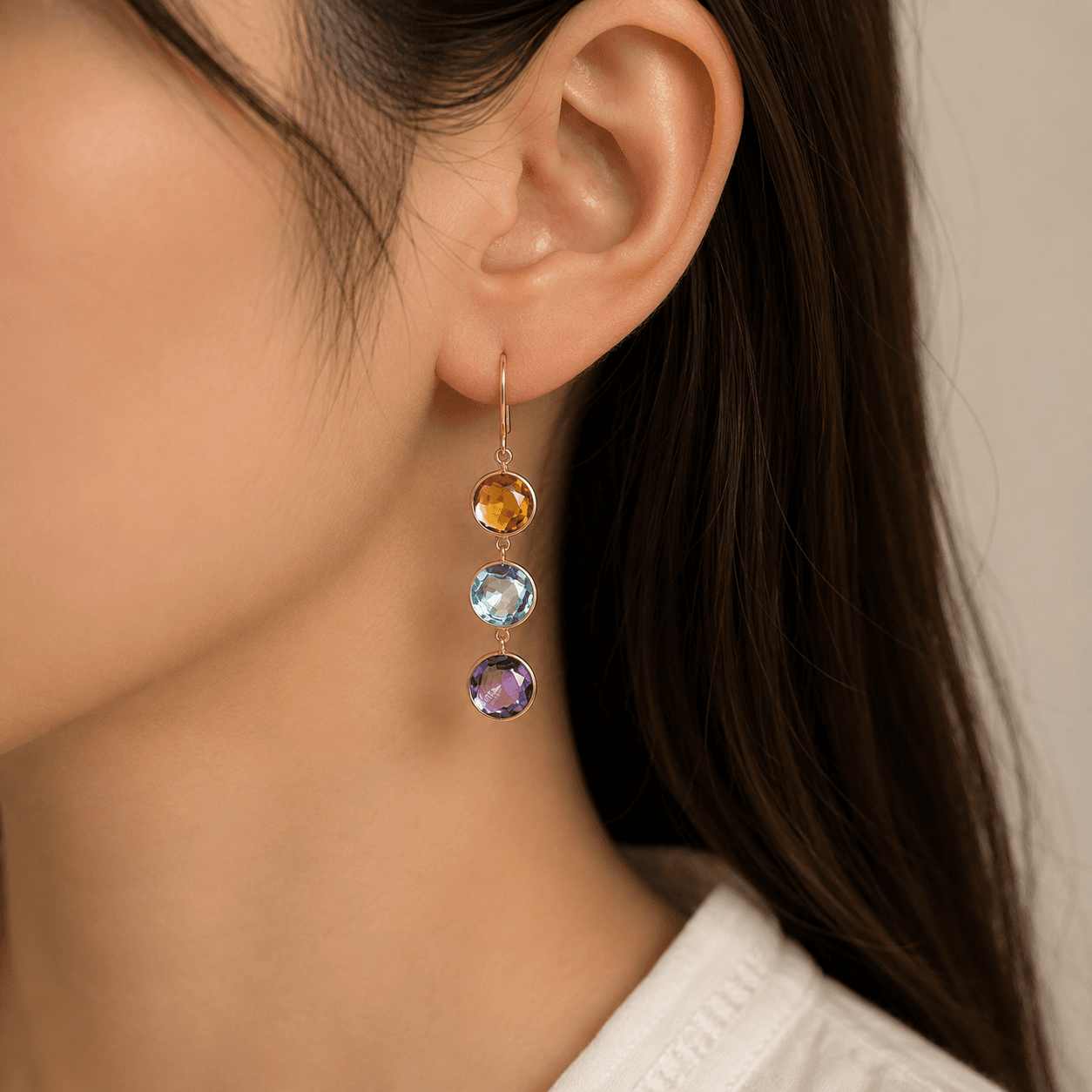Citrine-Blue Topaz-Amethyst Earring in 14k Yellow Gold