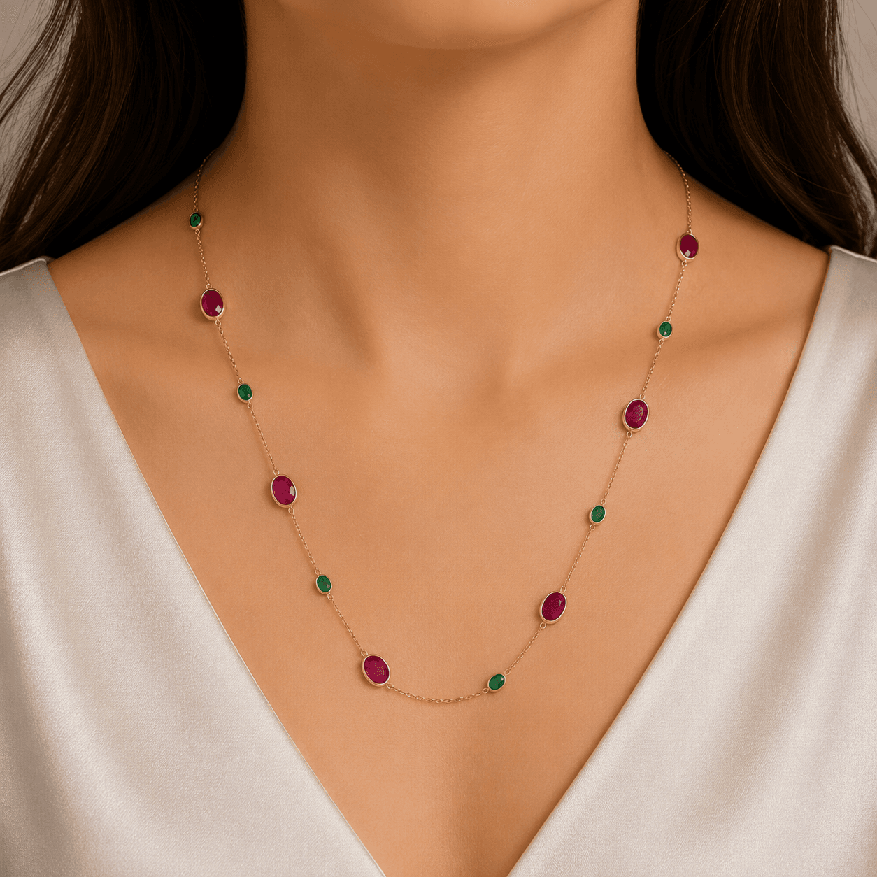 Ruby Emerald Necklace in 14k Yellow Gold