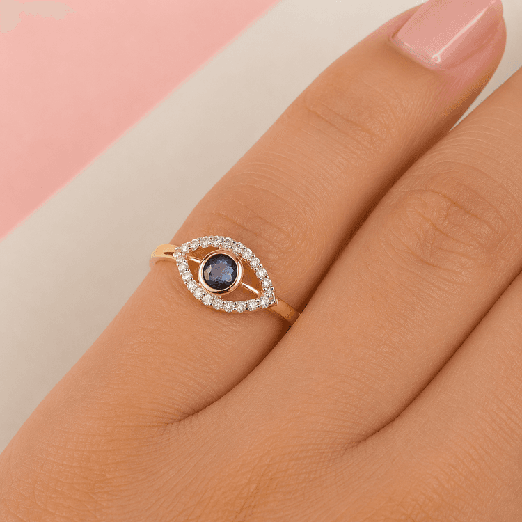 Evil Eye Blue Sapphire Ring in 14k Yellow Gold