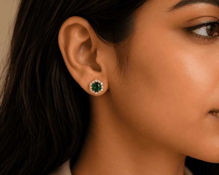 Emerald Diamond Earstuds in 14k Yellow Gold