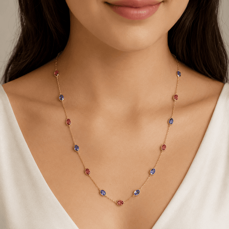 Pink Tourmaline Tanzanite Necklace in 18k Yellow Gold