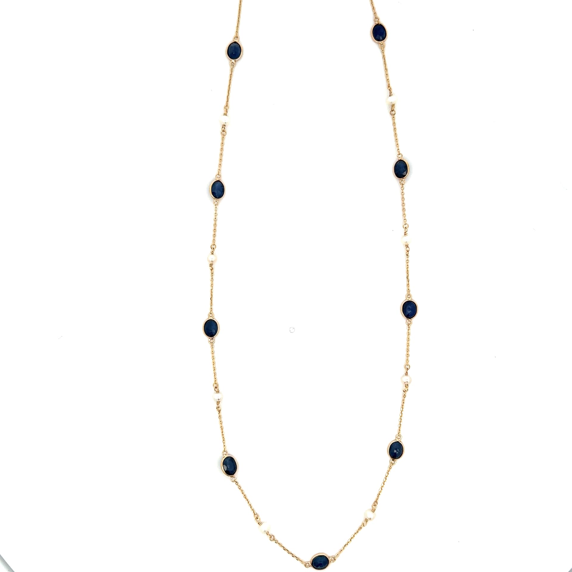 Blue Sapphire-Pearl Necklace in 14k Yellow Gold