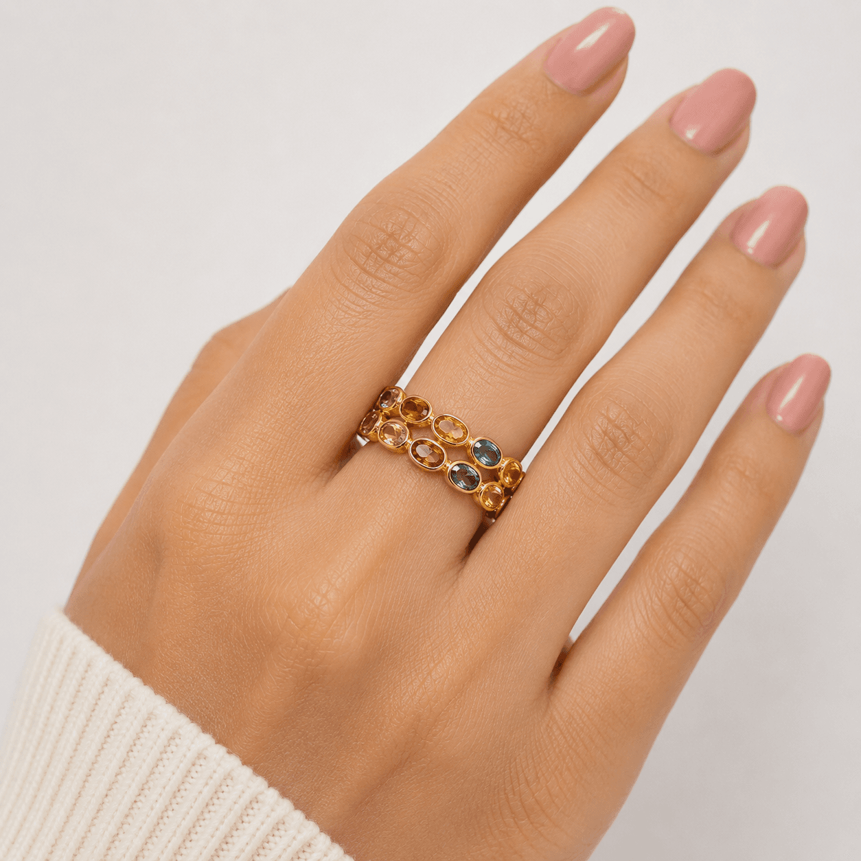 Double Band Multi Sapphire Ring in 14k Yellow Gold