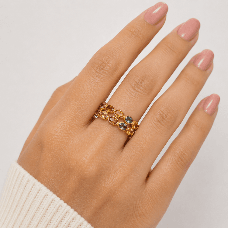 Double Band Multi Sapphire Ring in 14k Yellow Gold