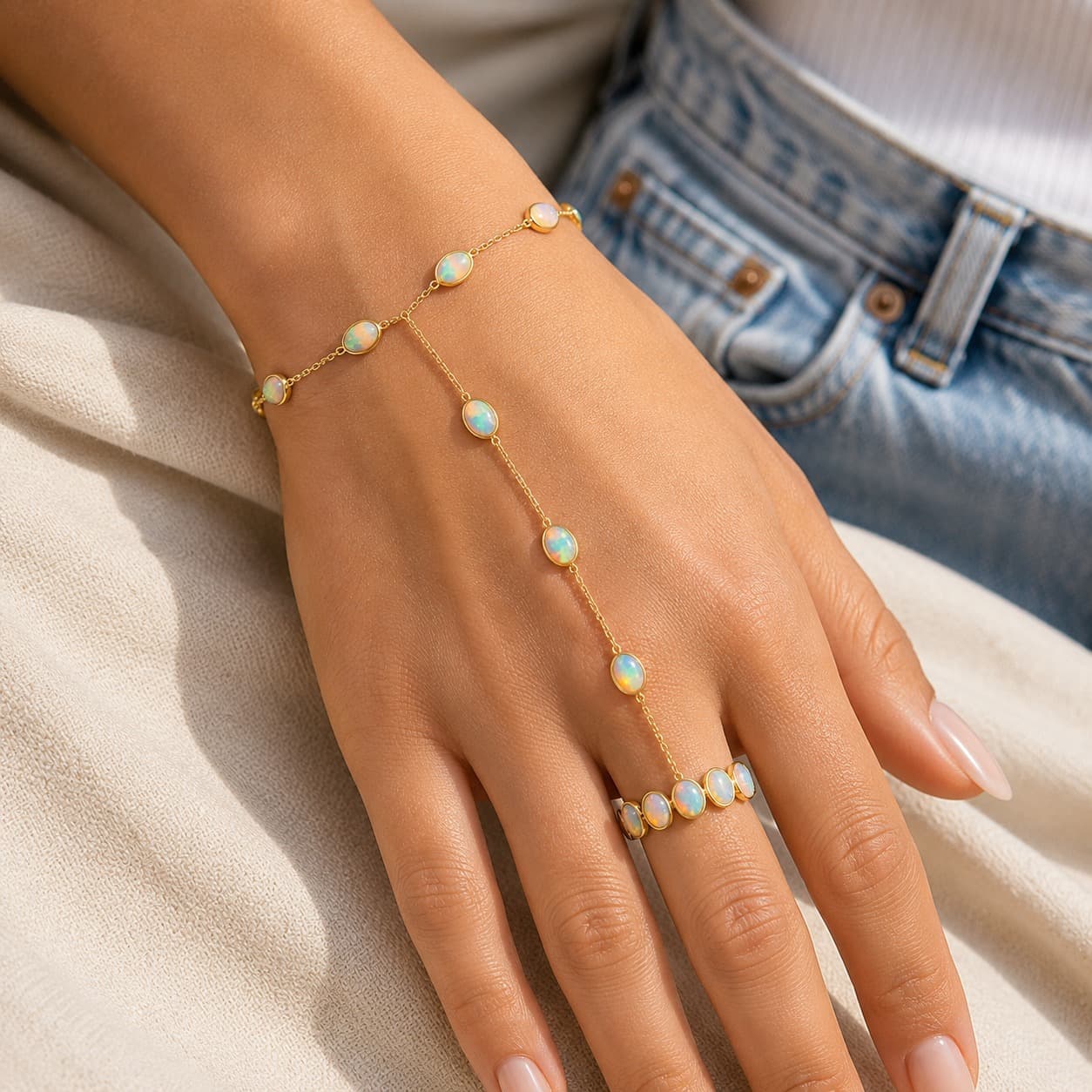 Opal Hand Chain in 14k Yellow Gold