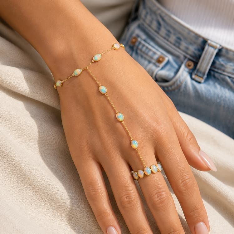 Opal Hand Chain in 14k Yellow Gold