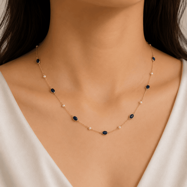 Blue Sapphire-Pearl Necklace in 14k Yellow Gold