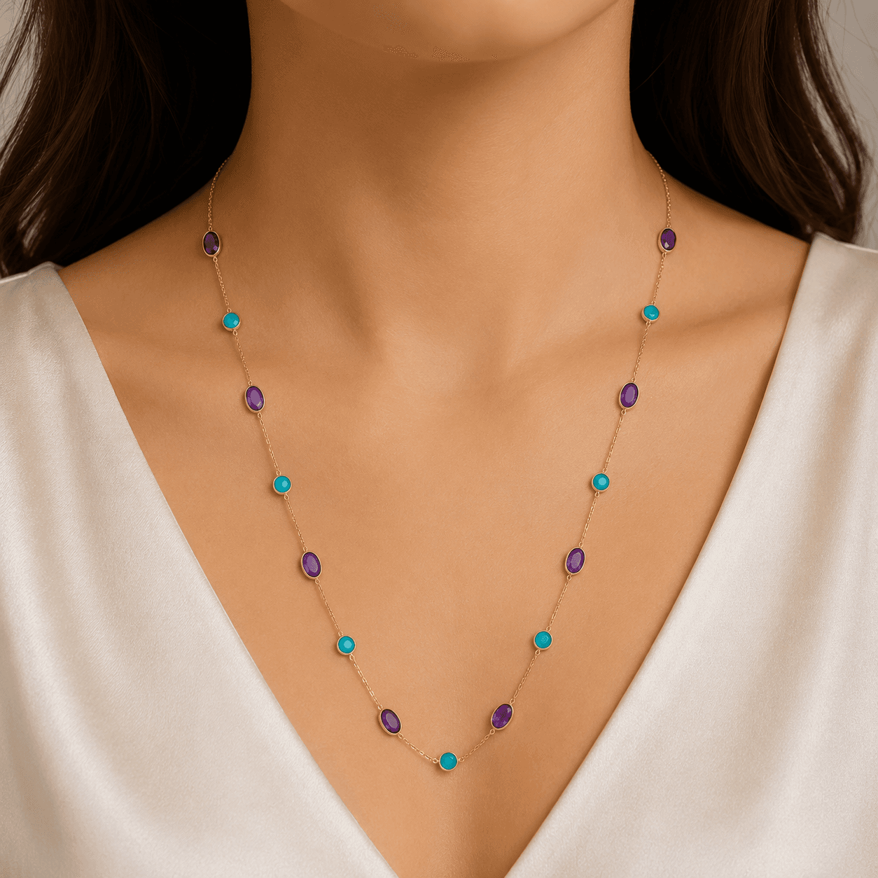 Amethyst-Turquoise Necklace in 14k Yellow Gold
