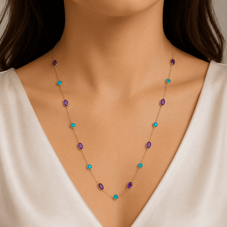 Amethyst-Turquoise Necklace in 14k Yellow Gold