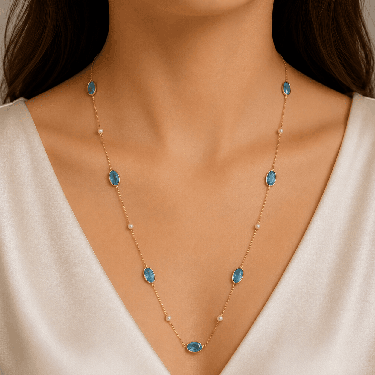 London Blue Topaz-Pearl Necklace in 14k Yellow Gold