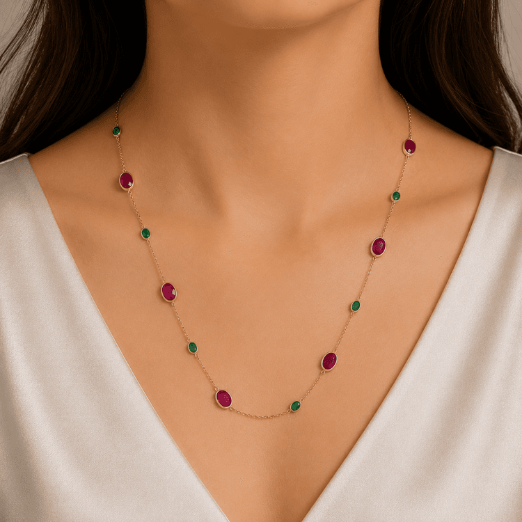 Ruby Emerald Necklace in 14k Yellow Gold