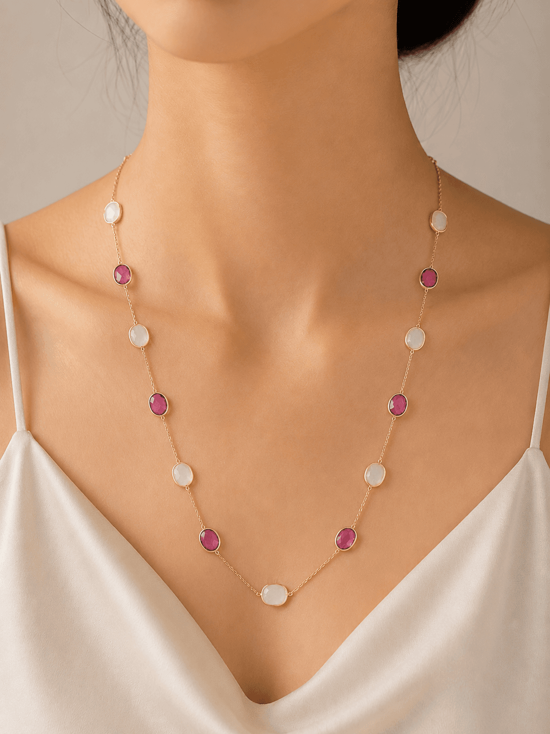 White Rainbow-Pink Tourmaline Necklace in 14k Yellow Gold