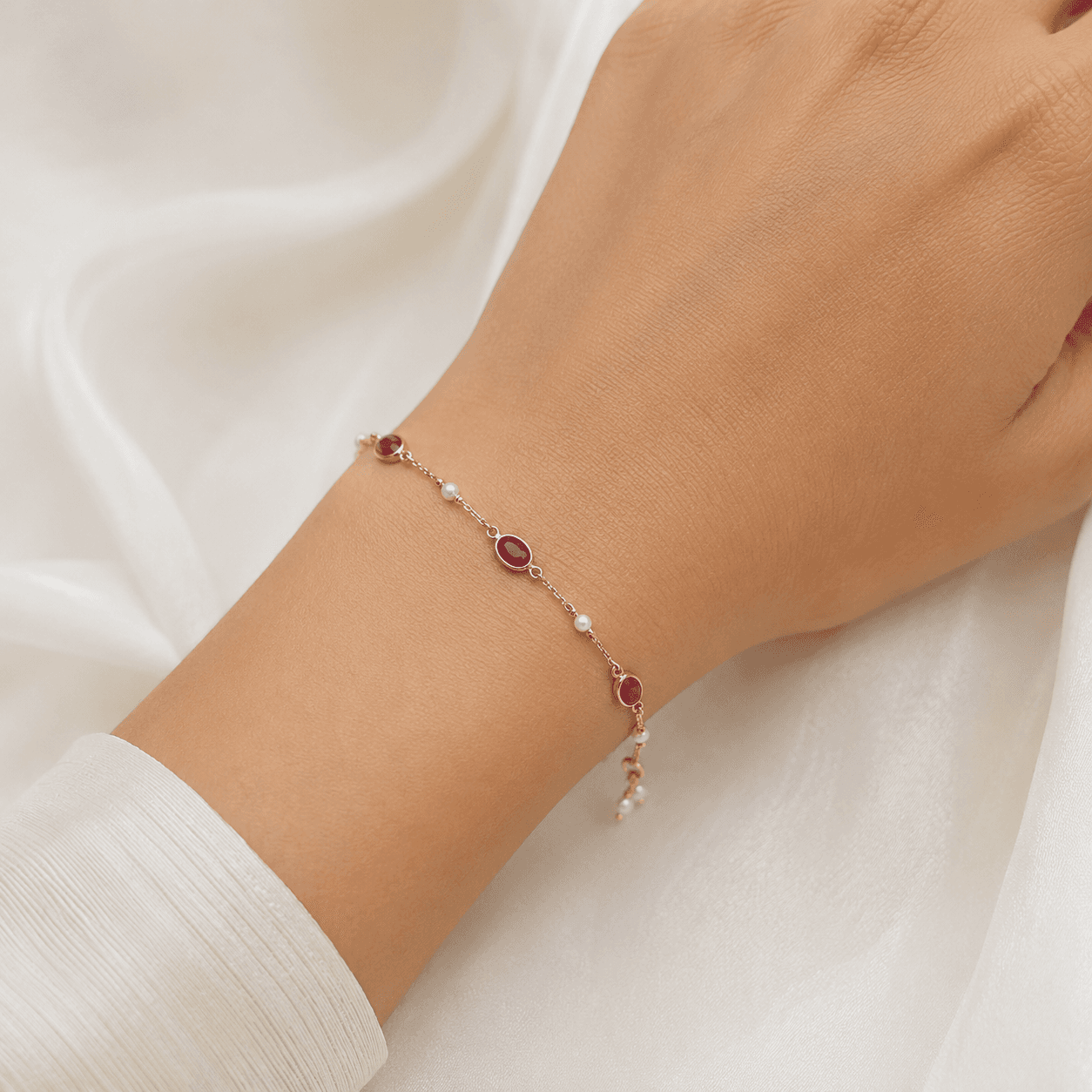Ruby-Pearl Bracelet in 14k Yellow Gold