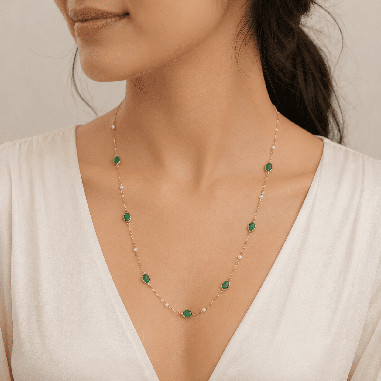 Emerald-Pearl Necklace in 14k Yellow Gold