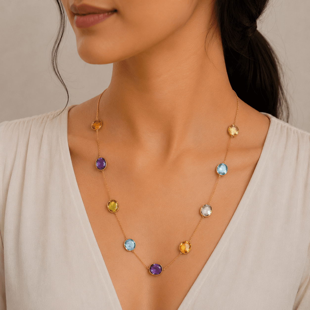 Multi-Semiprecious Necklace in 14k Yellow Gold