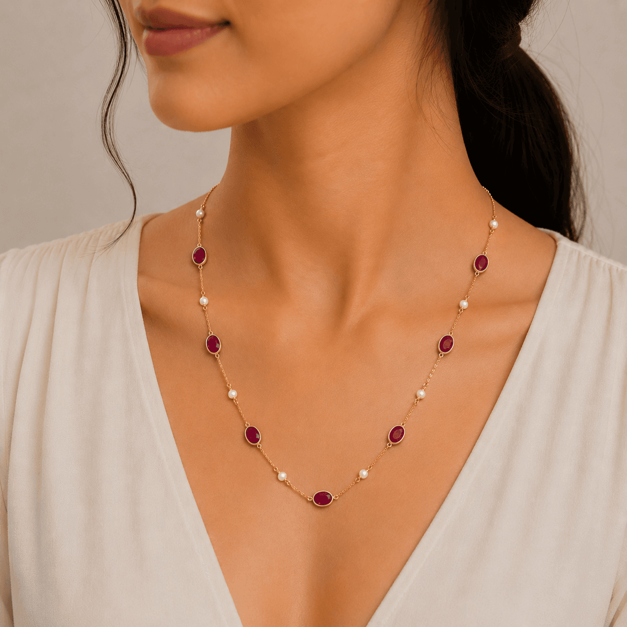 Ruby-Pearl Necklace in 14k Yellow Gold