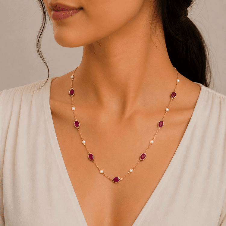 Ruby-Pearl Necklace in 14k Yellow Gold
