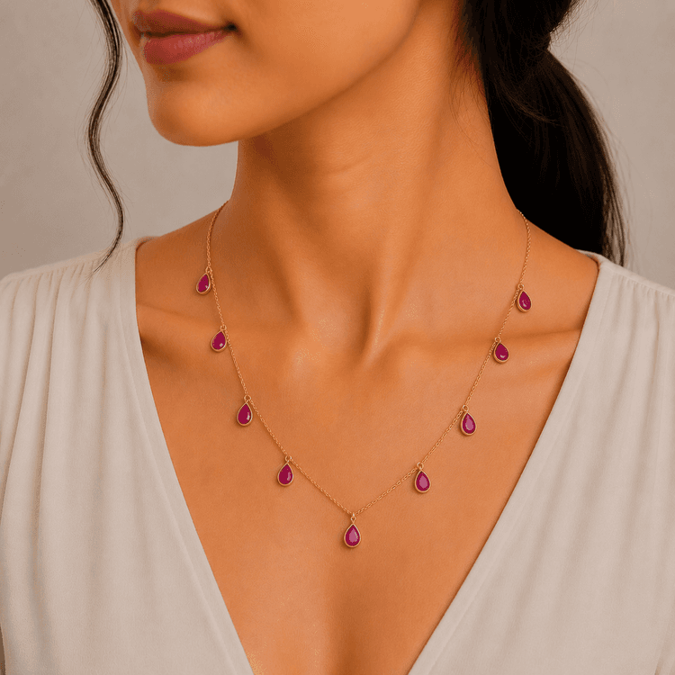 Pear Drop Ruby Necklace in 14k Yellow Gold