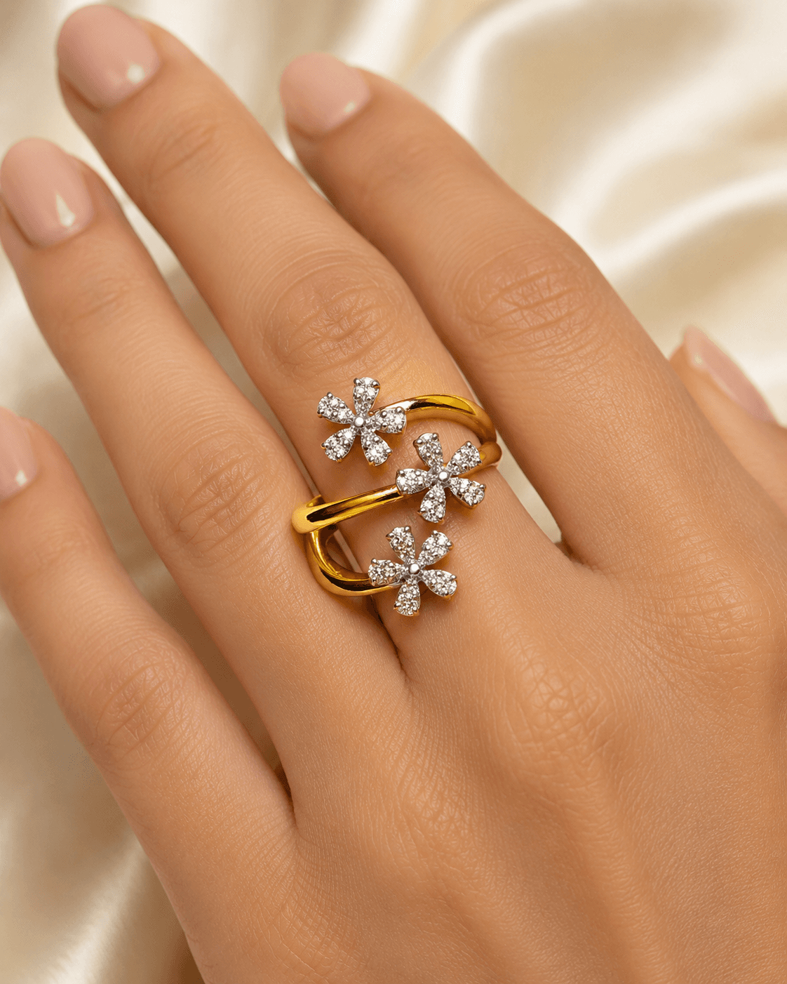 3 Flower Diamond Ring in 14k Yellow Gold 3