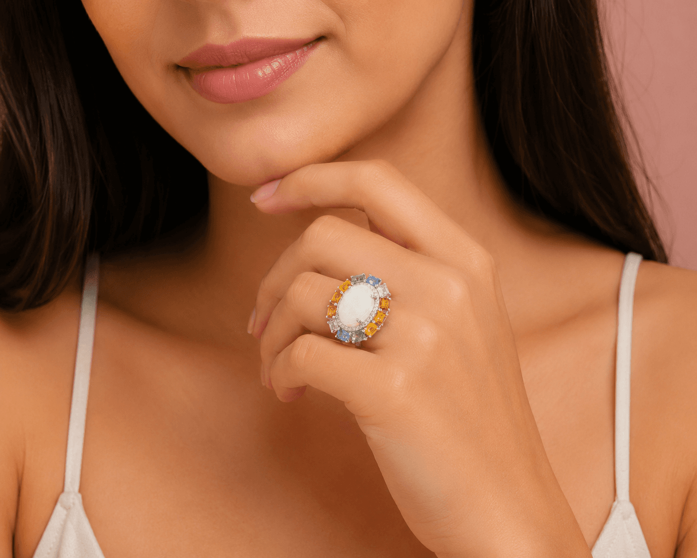 Multi Sapphire Opal Ring in 18k Yellow Gold