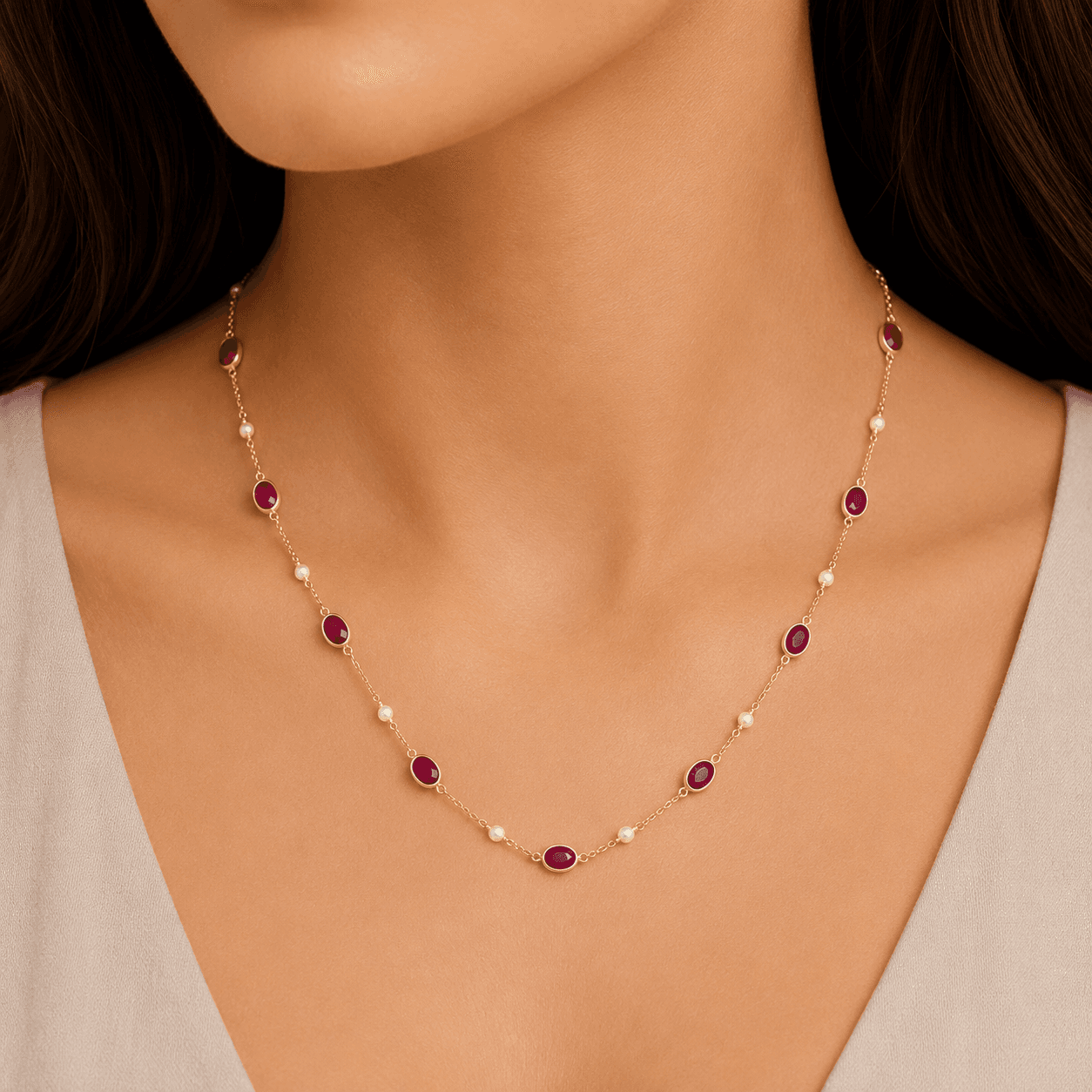 Ruby Pearl Necklace in 18k Yellow Gold