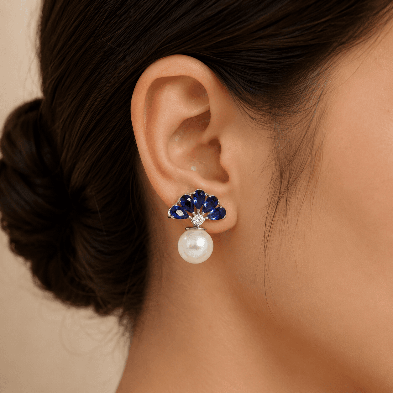 Blue Sapphire Diamond & Pearl Earrings