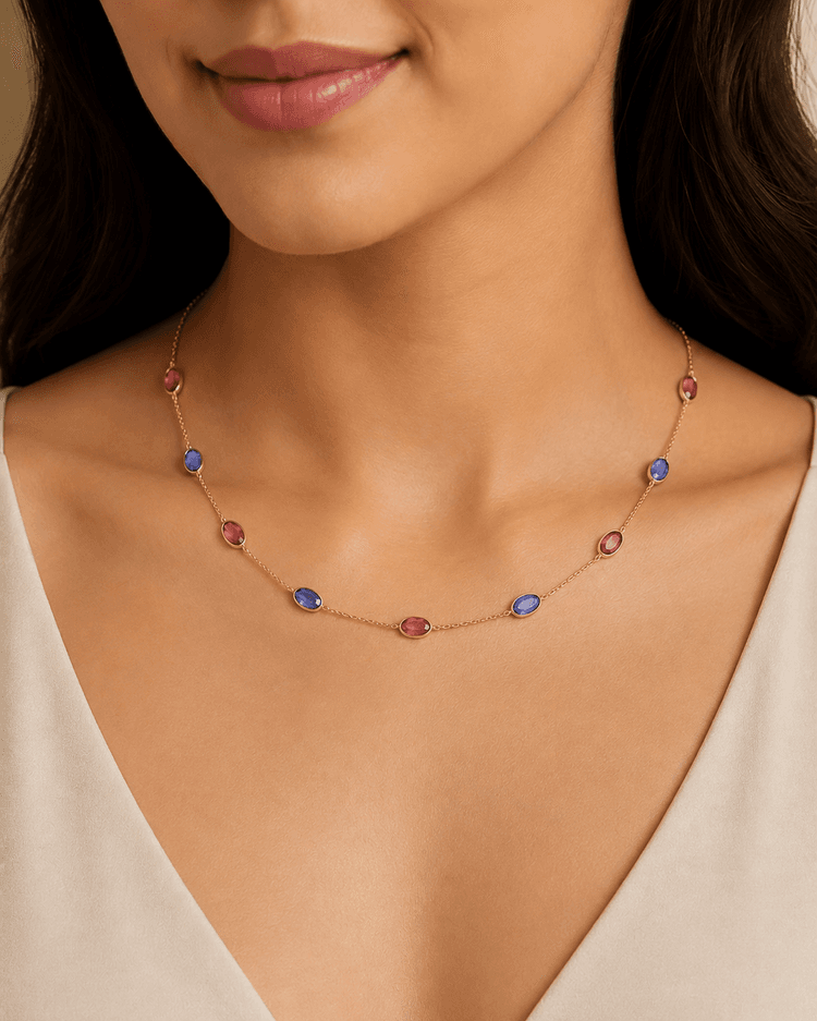 Tanzanite-Pink Tourmaline Necklace in 14k Yellow Gold