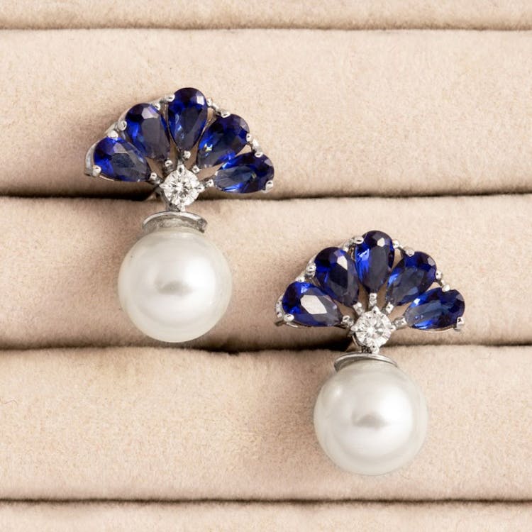 Blue Sapphire Diamond & Pearl Earrings